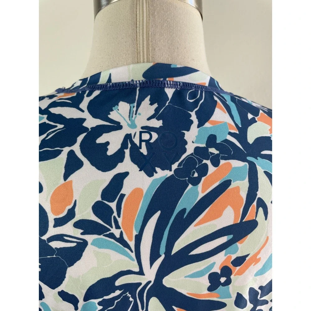 Roxy Women Small Blue Green Floral Tropical Long‎ Sleeve Rash Guard Swim Top